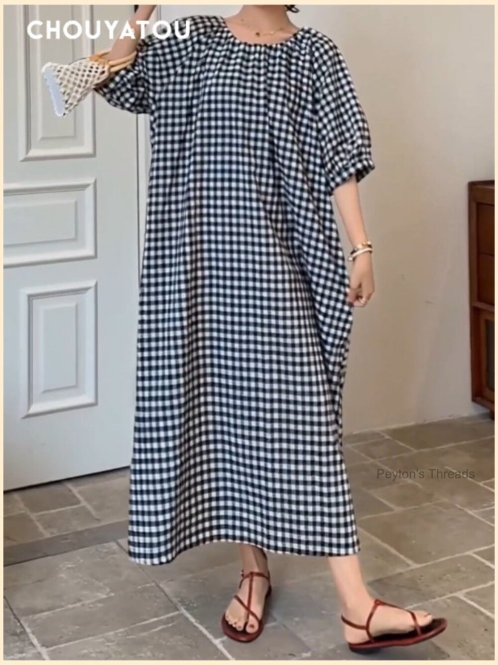 Gingham Loose-Fit Swing Midi Dress with Lantern Puff Sleeves - Picture 7 of 7